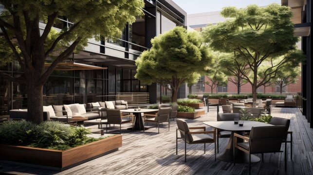 outdoor plaza of a contemporary downtown office building outdoor seating and tables and chairs with landscaping natural grasses and trees small stand alone coffee shop