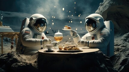 breakfast in a luxury hotel on the moon - obrazy, fototapety, plakaty