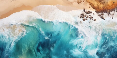 Fototapeta premium seashore with turquoise water, yellow sand, rocks, seen from above