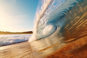 Ocean wave breaking on sandy beach at sunset. 