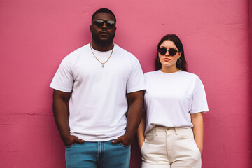design mockup: black man and plus sized white woman with sunglasses wearing blank white t-shirts on...