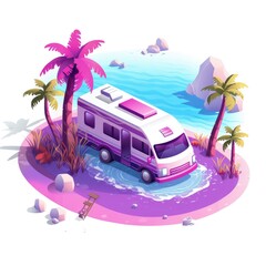 isometric caravan cruiser. violett colors, white background