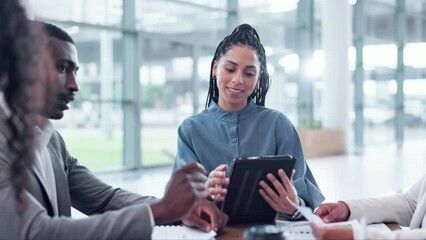 Business people, meeting and tablet for teamwork, planning and collaboration in marketing project, feedback and ideas. Professional manager, woman or staff talking of workflow on digital technology