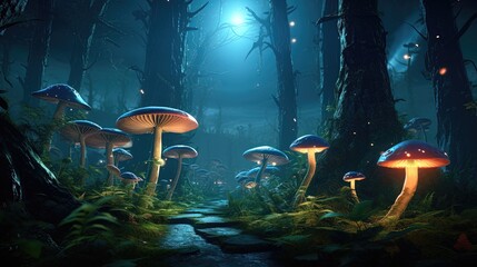 Fototapeta na wymiar Fantasy deep forest with luminous huge mushrooms