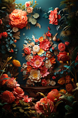 A colorful floral design made of artificial flowers is standing on a dark cyan background surrounded by more flowers and strange colorful vegetation.