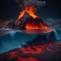  burning lava mountain in the  middle of the sea