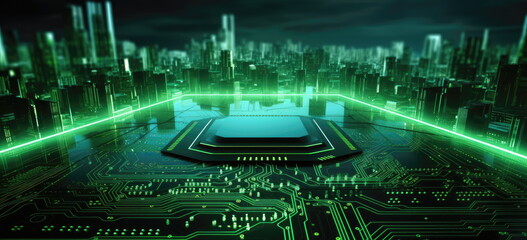 CPU city. Socety 5.0, IOT, smart city, smart grid concept image. Hand edited generative AI.