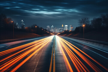 Fototapeta na wymiar Abstract colorful long exposure image of car headlights traveling on a highway at night. Beautiful night view of a big city with shining scenery in the background.