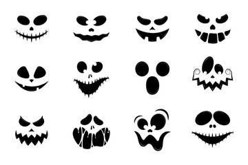 Set of Scary and funny faces of halloween pumpkins or ghosts. Halloween Elements and Objects for Design Projects.