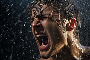 Close up face postrait of Sporty Young athlete Man Shouting. He is Cheering at Night in Heavy Rain