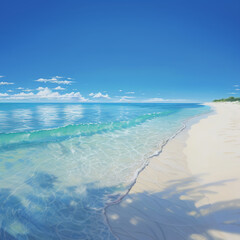 deserted peaceful beautiful ocean coast with blue water and white sand, clear blue sky, sunny day