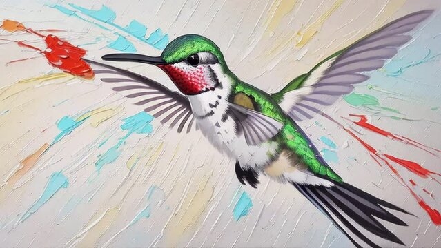 A painting of a hummingbird flying in