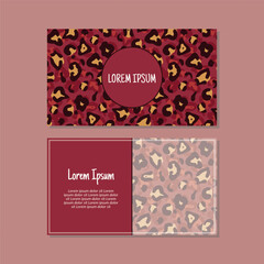Business card template, Leopard skin seamless pattern vector design. Double-sided creative business card template. Landscape orientation. Vector illustration.