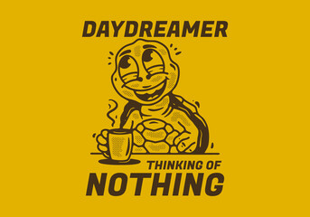 Daydreamer thinking of nothing, mascot character of turtle drink a coffee while daydreaming