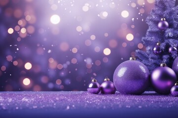 Fototapeta premium Happy New Year! Purple christmas background with bokeh lights and christmas tree, New Year or x-mas purple banner bokeh background with room for text