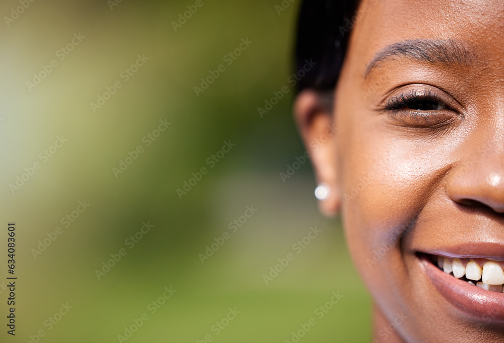 Sticker Half face, smile and black woman in nature on mockup space outdoor. Portrait, happy and natural African person in summer garden, countryside and woods in closeup on holiday and vacation in Kenya