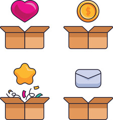 Set of different game items jumping from box. Star, heart, letter, and coin appearing from box. loyalty, reward, Surprise, Game icons set, delivery, gift box with confetti