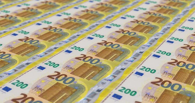 Banknotes of 200 euros moving seamlessly. European money printing or production concept