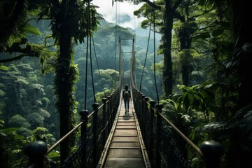 From a lofty vantage point, the dense, verdant expanse of the rainforest stretches out. Amidst this sea of green, a lone researcher treads the canopy walk, a sentinel of nature's mysteries.