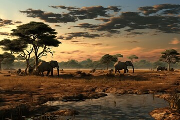 Fototapeta na wymiar African Savanna Elephant Herd - Natural Wildlife