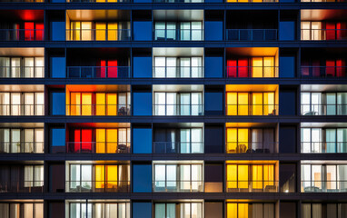 Fototapeta na wymiar A modern apartment building at night. The building has a grid-like facade with multiple windows. The windows are lit up in different colors, creating a colorful pattern