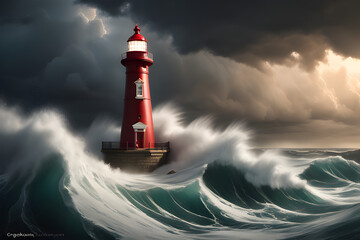 A lighthouse in the face of a storm and waves