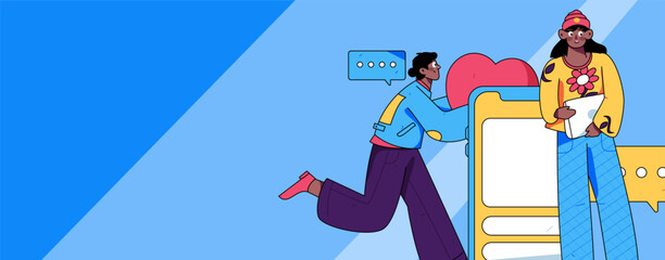 Virtual characters social communication concept business flat vector hand drawn illustration
