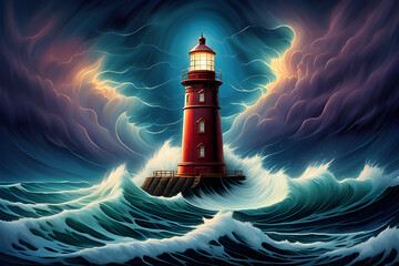 A lighthouse in the face of a storm and waves