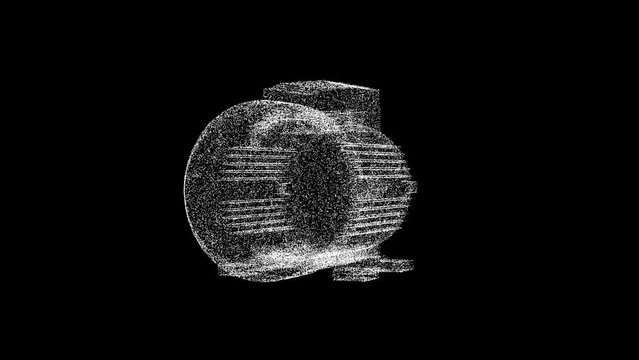 3D Electric motor rotates on black background. 3 phase induction motor. Business Advertising backdrop. For title, text, presentation. Object dissolved flickering particles. 3d animation 60 FPS
