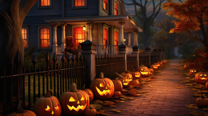 A row of carved pumpkins line a sidewalk in front of a house.