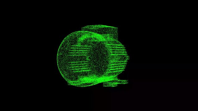 3D Electric motor rotates on black background. 3 phase induction motor. Business Advertising backdrop. For title, text, presentation. Object dissolved flickering particles. 3d animation 60 FPS