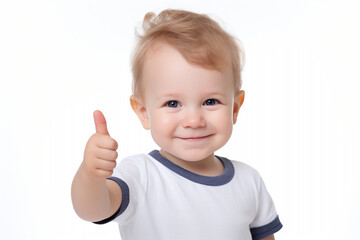 Adorable baby toddler showing thumb up. High quality photo