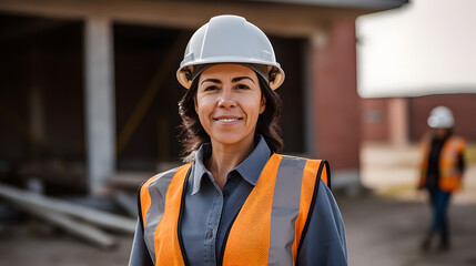 woman working on a construction site, construction hard hat and work vest, smirking, middle aged or older