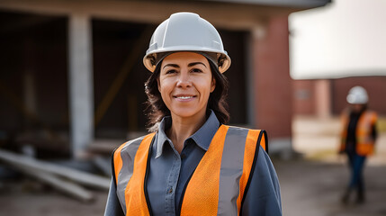 woman working on a construction site, construction hard hat and work vest, smirking, middle aged or older - Powered by Adobe
