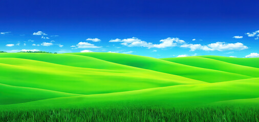 Obraz premium Beautiful natural scenic panorama green field of cut grass into and blue sky with clouds on horizon. Perfect green lawn on summer sunny day 