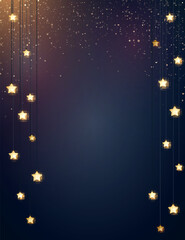 Dark blue Christmas background with gold glitter particles and glowing star shape light bulbs. Vector illustration.