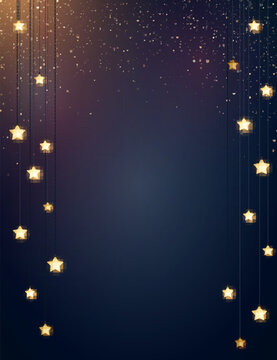 Dark Blue Christmas Background With Gold Glitter Particles And Glowing Star Shape Light Bulbs. Vector Illustration.