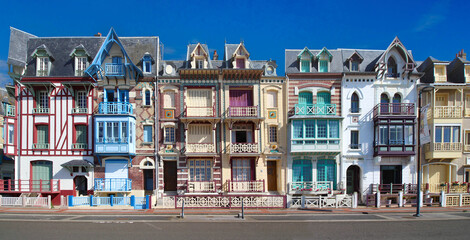 Famousfacades on the seaside of Mers-les-Bains, limit of Hauts-de-France and Normandy. France