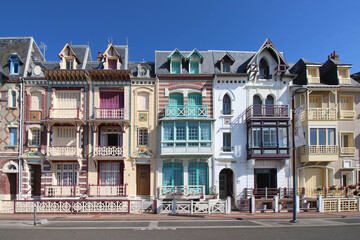Famous facades on the seaside of Mers-les-Bains, limit of Hauts-de-France and Normandy. France