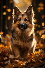 German shepherd dog on a walk in an autumn forest
