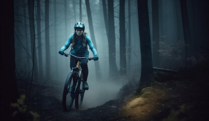 woman cycling forest walking bicyclist bicycle dark bike summer sport sunset. Generative AI.