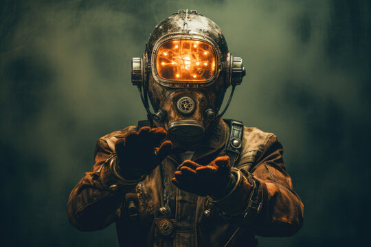 A person wearing a gas mask and a leather jacket. The gas mask has filters, dystopian mood