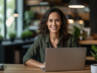 Fototapeta na wymiar Photo of joyful nice woman using laptop. Beautiful Businesswoman typing on laptop. Generative AI