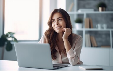 Photo of joyful nice woman using laptop. Beautiful Businesswoman typing on laptop. Generative AI