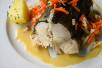 Steamed Codfish with Spicy Mustard Sauce, Parsley Potatoes, and Vegetable Julienne Hamburg Style