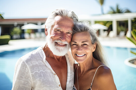 pareja de jubilados hombre y mujer, disfrutando de unas vacaciones en un hotel resort con piscina y bar, lustración de IA generativa 