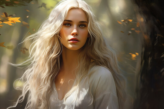 Portrait of young beautiful woman with long blond hair in the forest. Oil painting. High quality photo