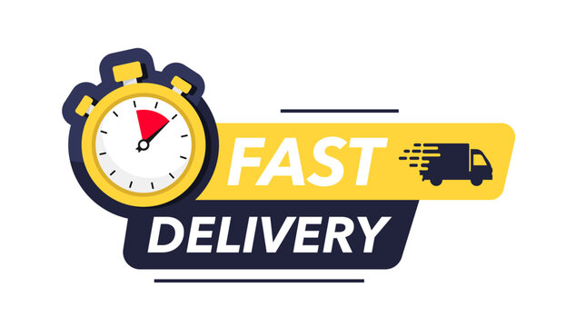 Fast delivery icon. Fast delivery truck with stopwatch. Fast delivery, express and urgent delivery, services, chronometer sign. On time delivery concept, truck and clock, order delivery on time.