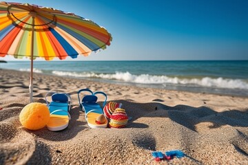 Fototapeta na wymiar Children's toys on the sand by the sea. Selective focus.. Sunny beach scene with colorful umbrellas and beach.