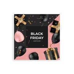 Black friday super sale poster with confetti, realistic black gifts boxes, pink and black balloons. Square banner